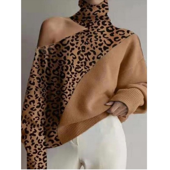 NWT High Neck Leopard Sweater with Side Cut Shoulder - Picture 1 of 14